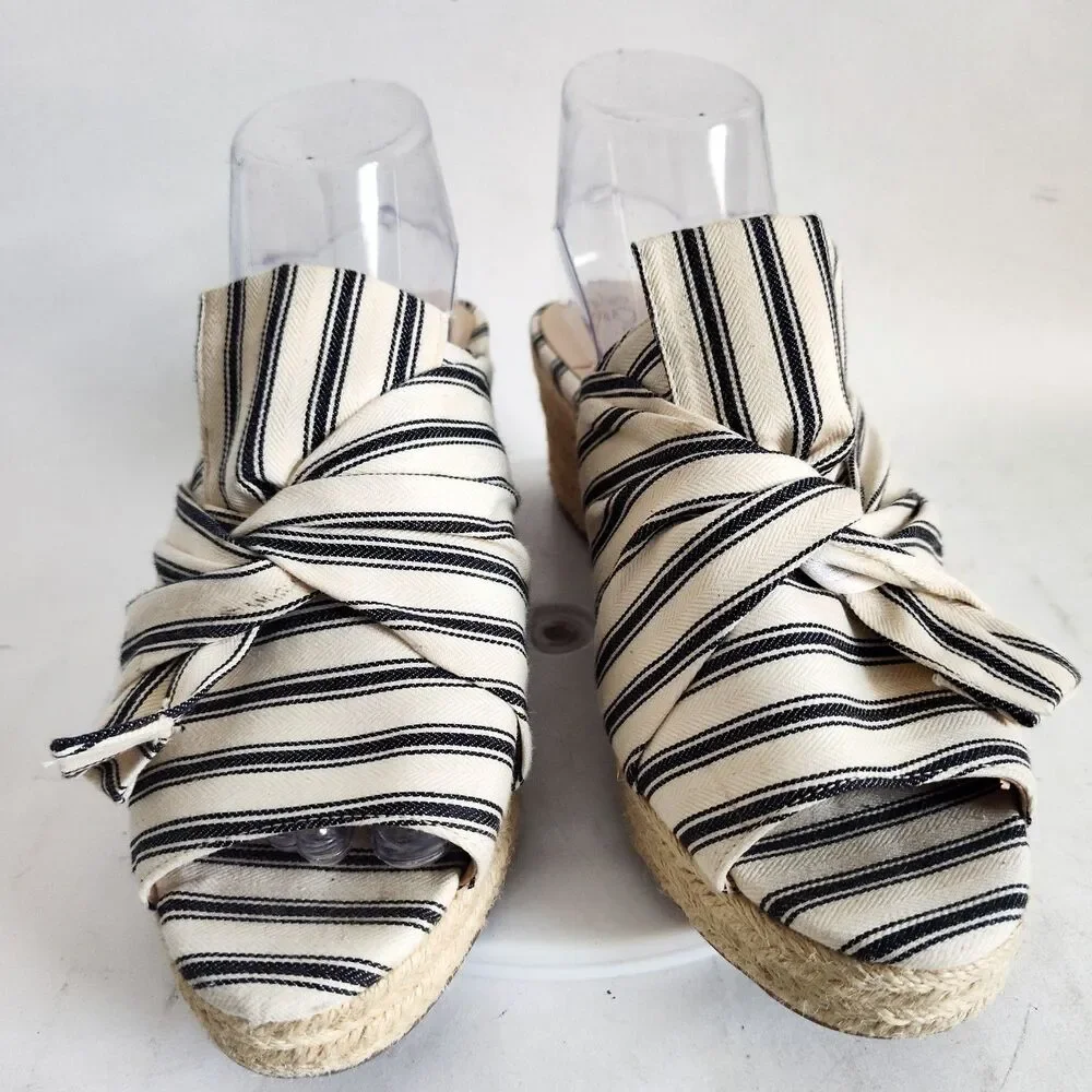 Sole Society Mules Size 9 Slides Linen Cream Blue‎ Striped Bow Flats Closed Toe